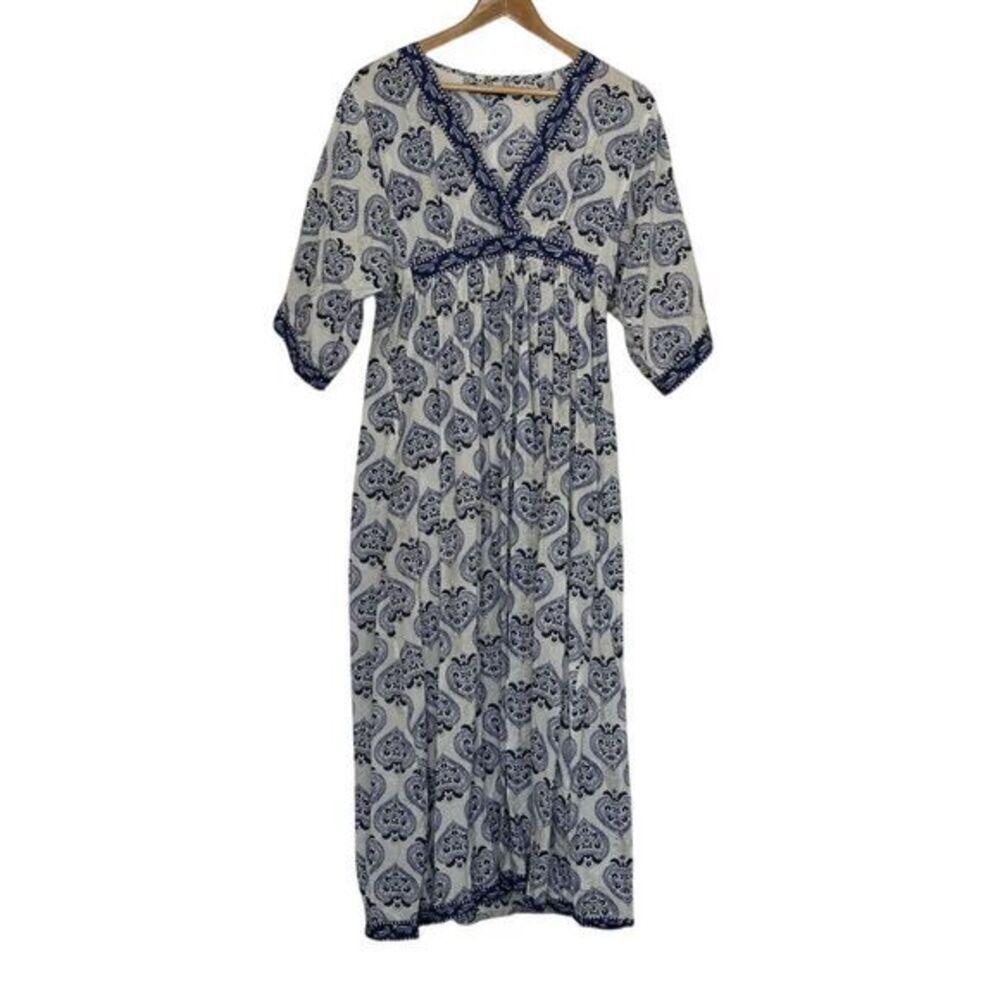 La Plage Maxi Dress White Blue Silver V Neck‎ Cover Up India Size Small
